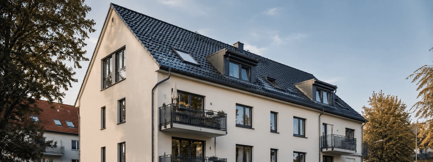 Rental residential building with maintained roof and gutters